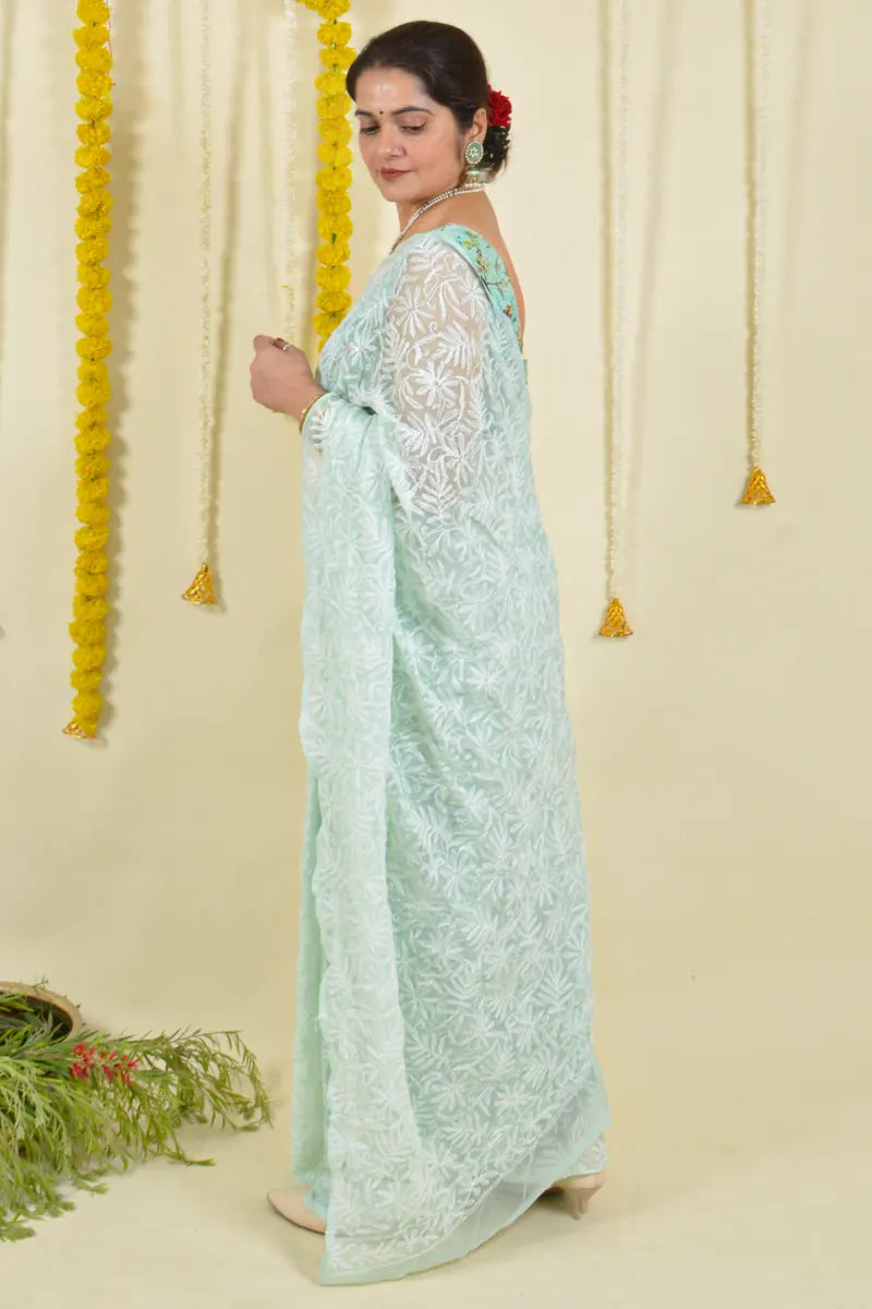 Mint Green Colour Georgette Lucknowi Chikankari Saree With Blouse