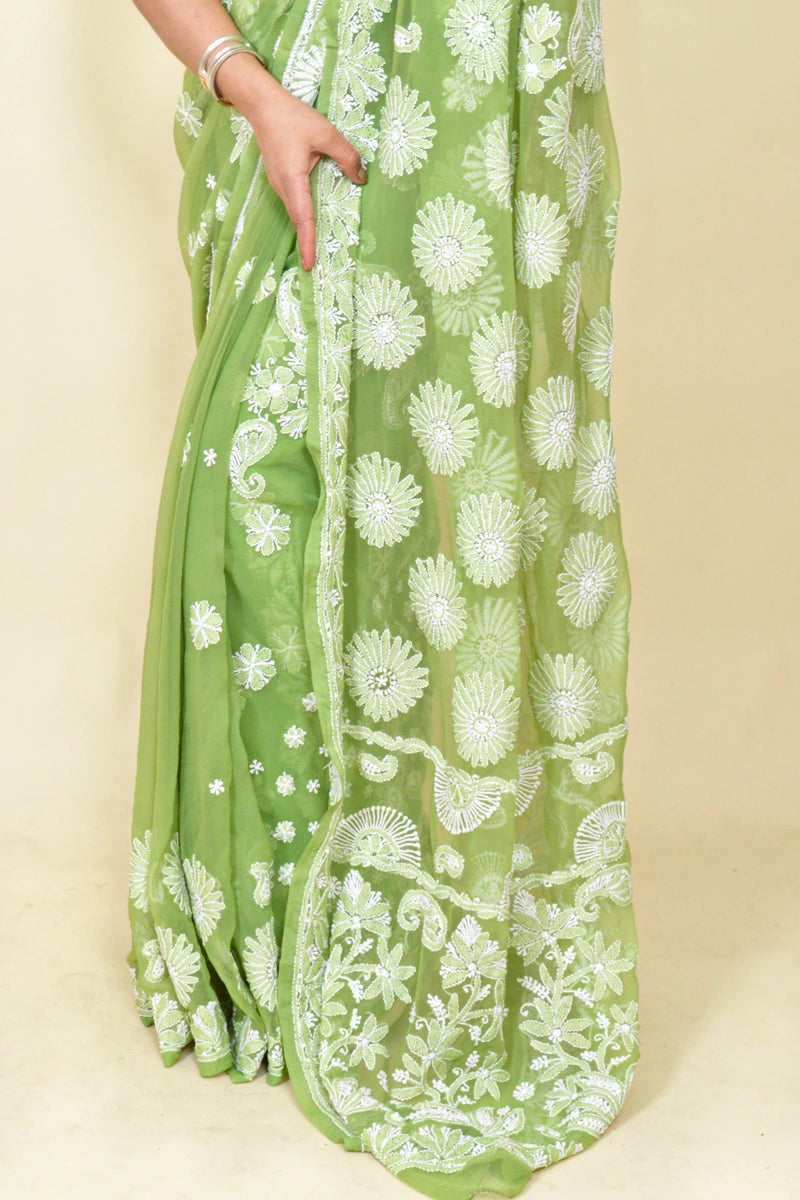 Green Colour Georgette Lucknowi Chikankari Saree With Blouse