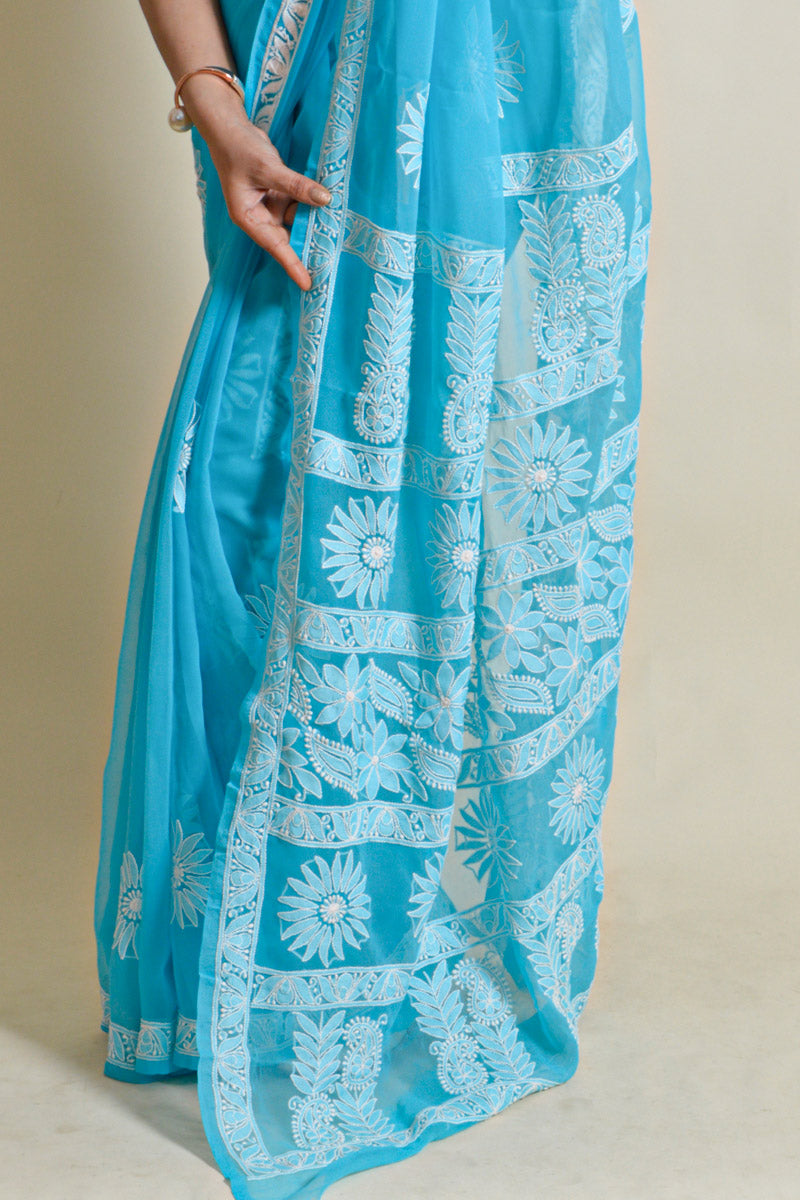 Aqua Blue Georgette Lucknowi Chikankari Saree With Blouse