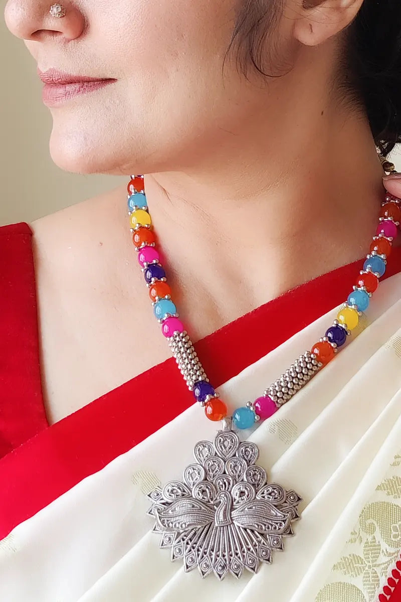 Multi Color Beaded  Neckpiece With Oxidize Plated Pendant