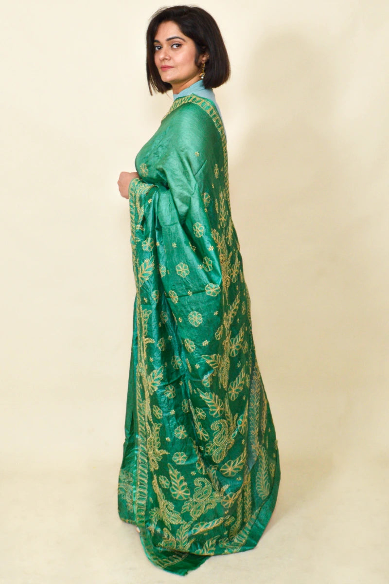 Teal Green Colour Tussar Silk Lucknowi Chikankari Saree With Blouse