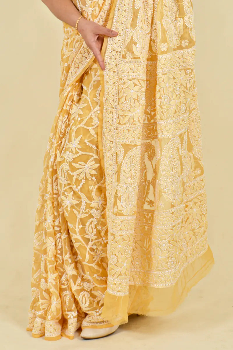 Fawn Colour Georgette Lucknowi Chikankari  Saree With Blouse