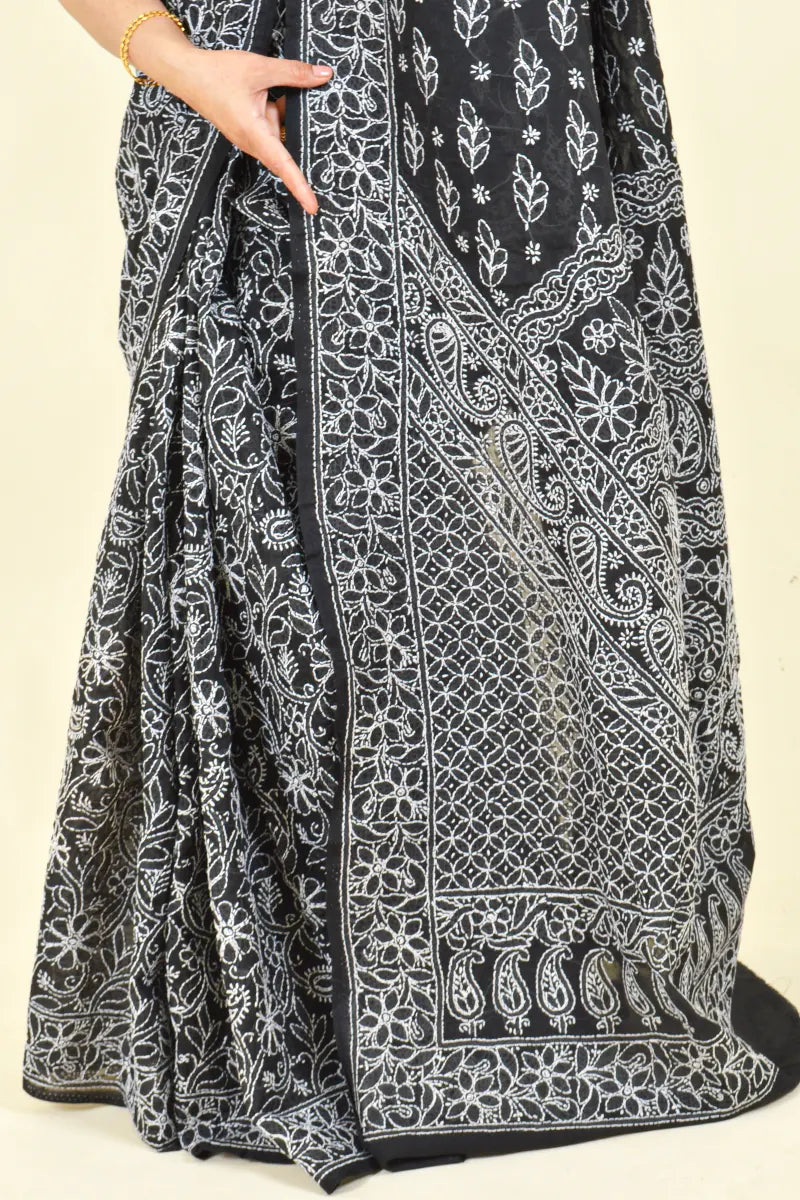 Black Colour Cotton Lucknowi Chikankari Saree With Blouse