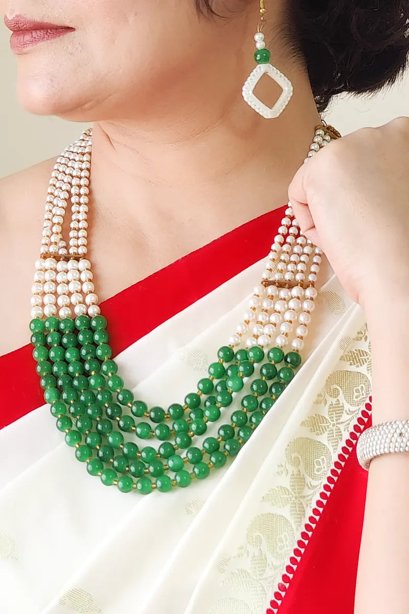 Green & White Color  Layers Necklace  With Dangle Earrings