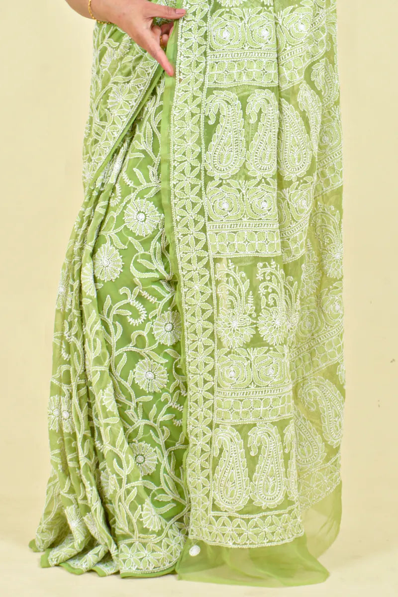 Green Colour Georgette Lucknowi Chikankari Saree With Blouse