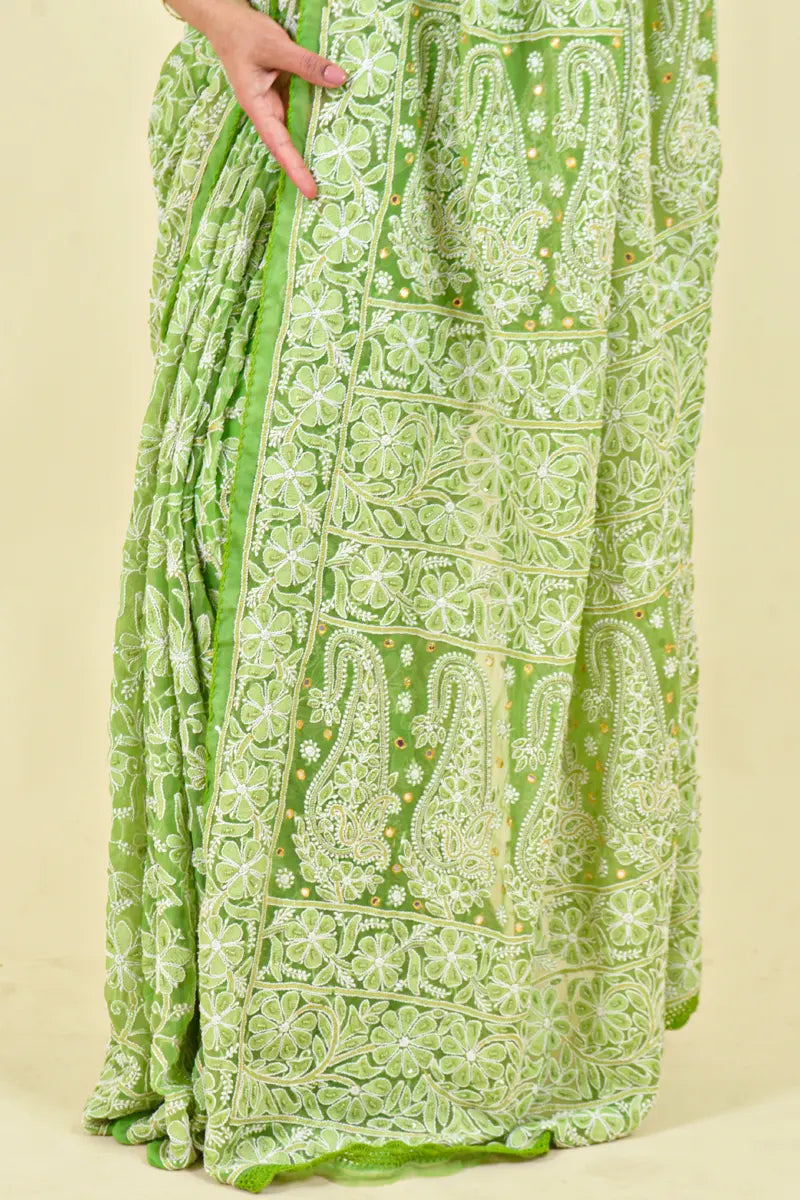 Green Colour Georgette Lucknowi Chikankari Saree With Blouse