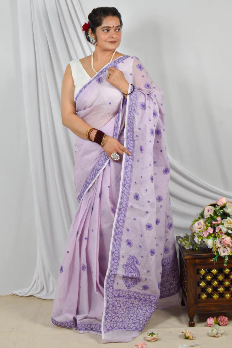 Handcrafted Lavender Kota Cotton Saree with Pearl & Sequin Work Designer Lucknowi Chikankari Embroidery and a matching Blouse, ideal for Festive and  occasions.