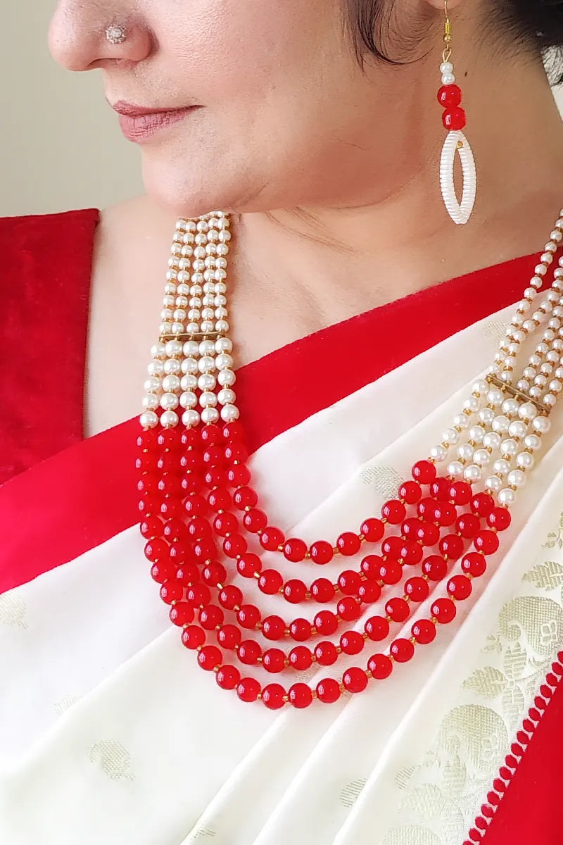 Red & White Color Beaded Layer Neckpiece  With Dangle Earrings