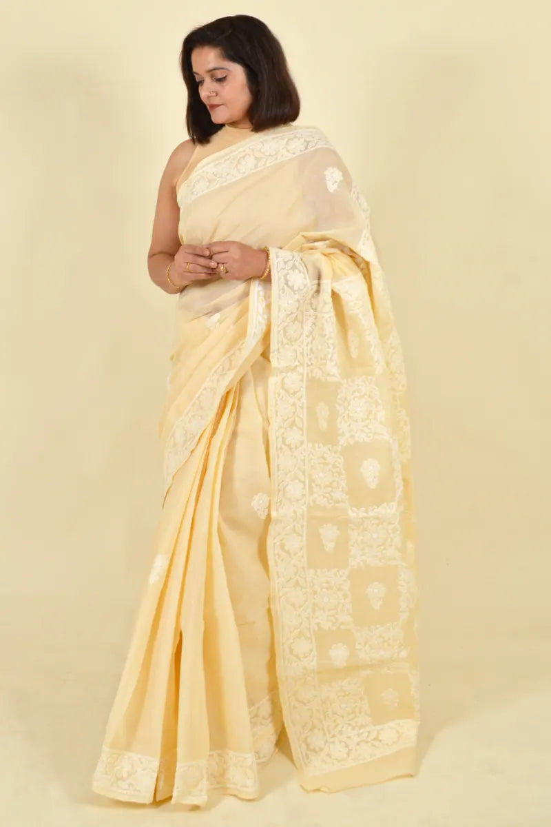 Beige Colour Cotton Lucknowi Chikankari Saree With Blouse