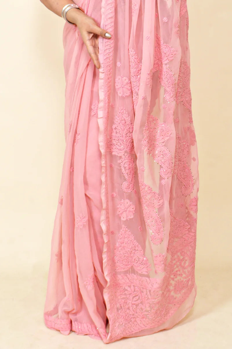 Peach Colour Georgette Lucknowi Chikankari Saree With Blouse