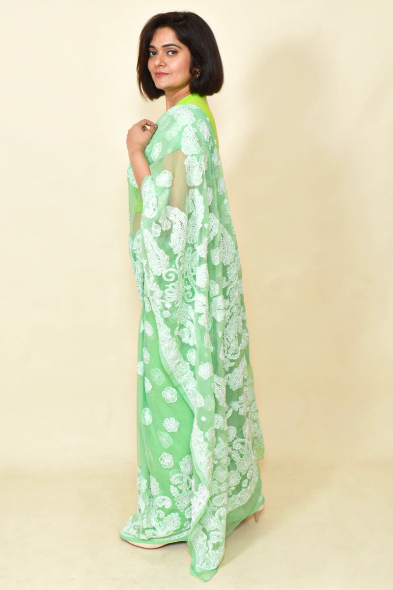 Light Green Colour Georgette Lucknowi Chikankari Saree With Blouse