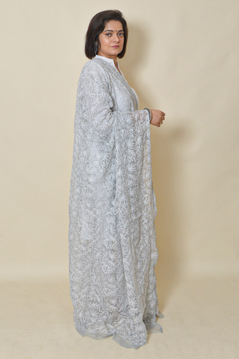 Grey color Georgette Allover Tepchi work Lucknowi Chikankari Dupatta