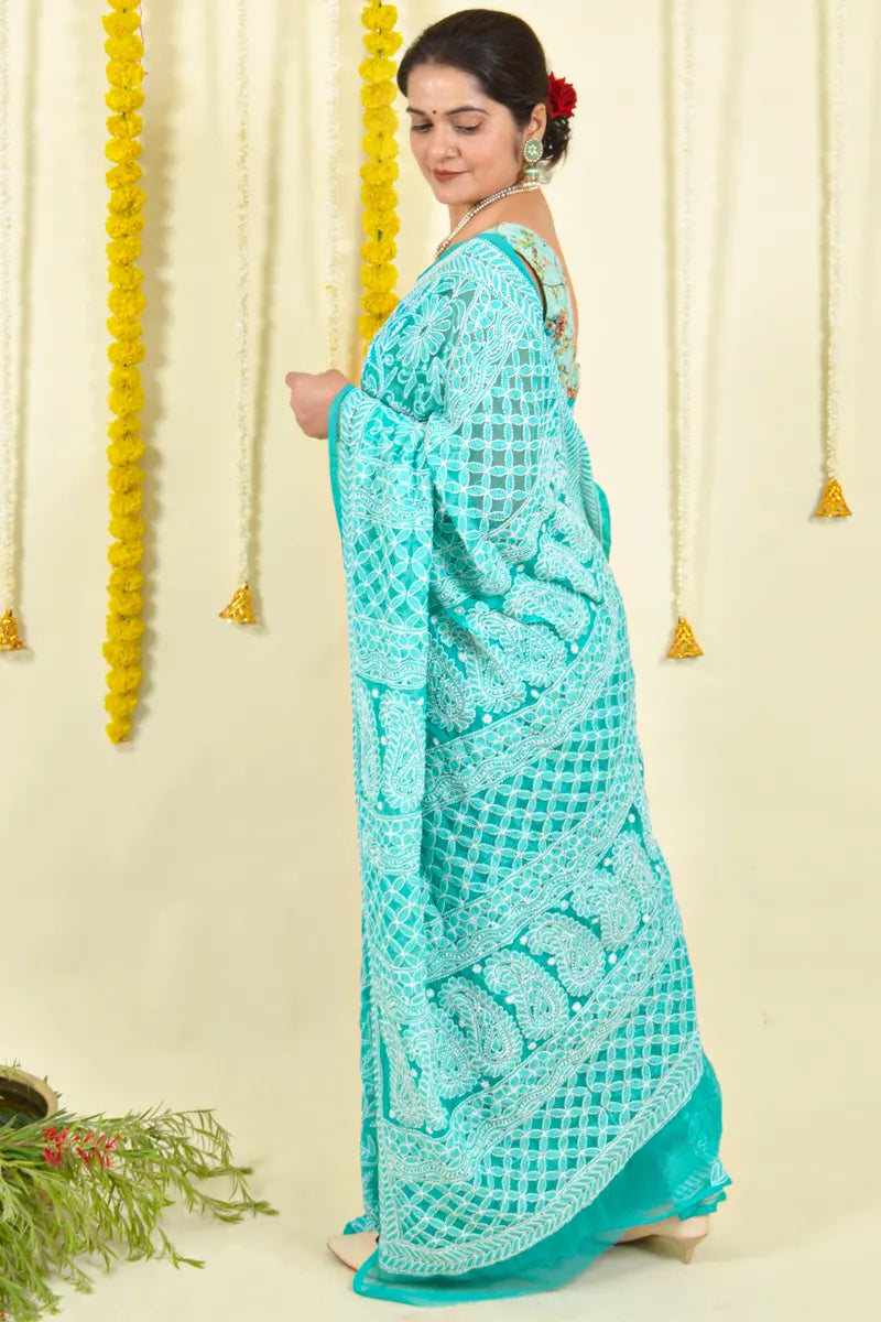 Aqua Blue Colour Georgette  Lucknowi Chikankari Saree With Blouse