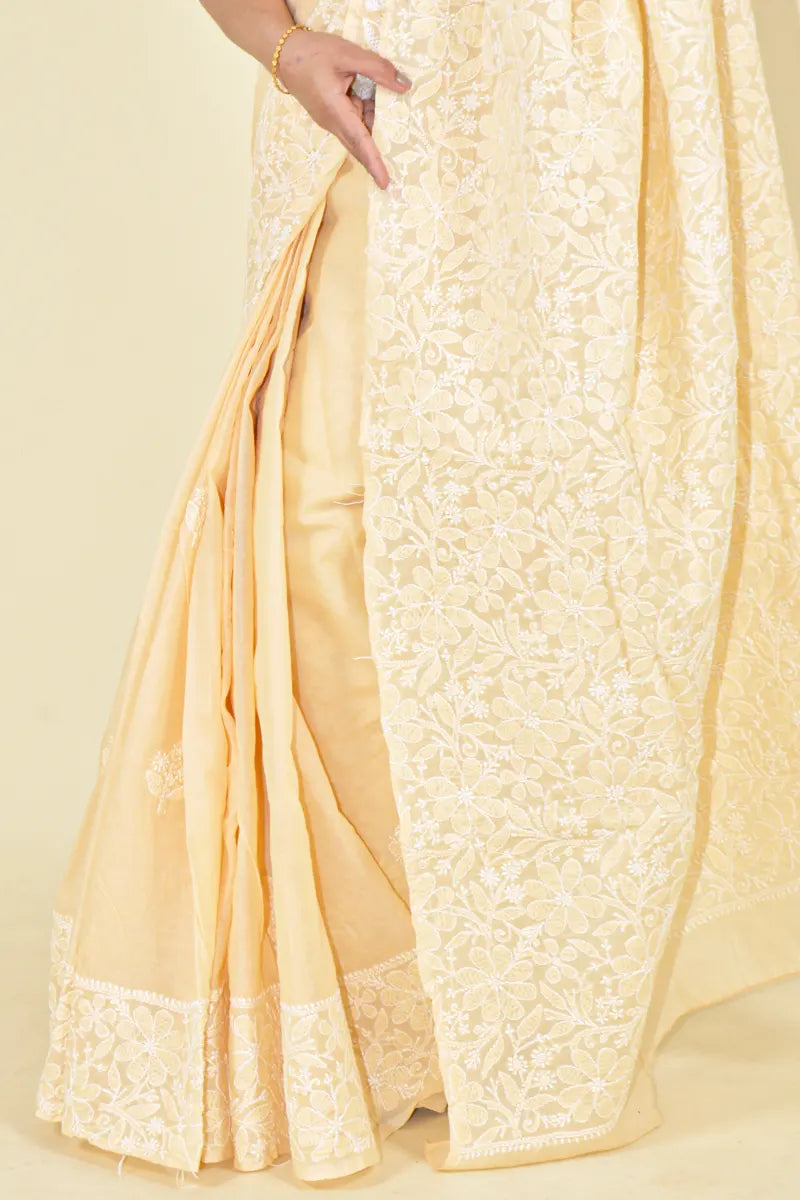 Beige Colour Cotton  Lucknowi Chikankari Saree With Blouse