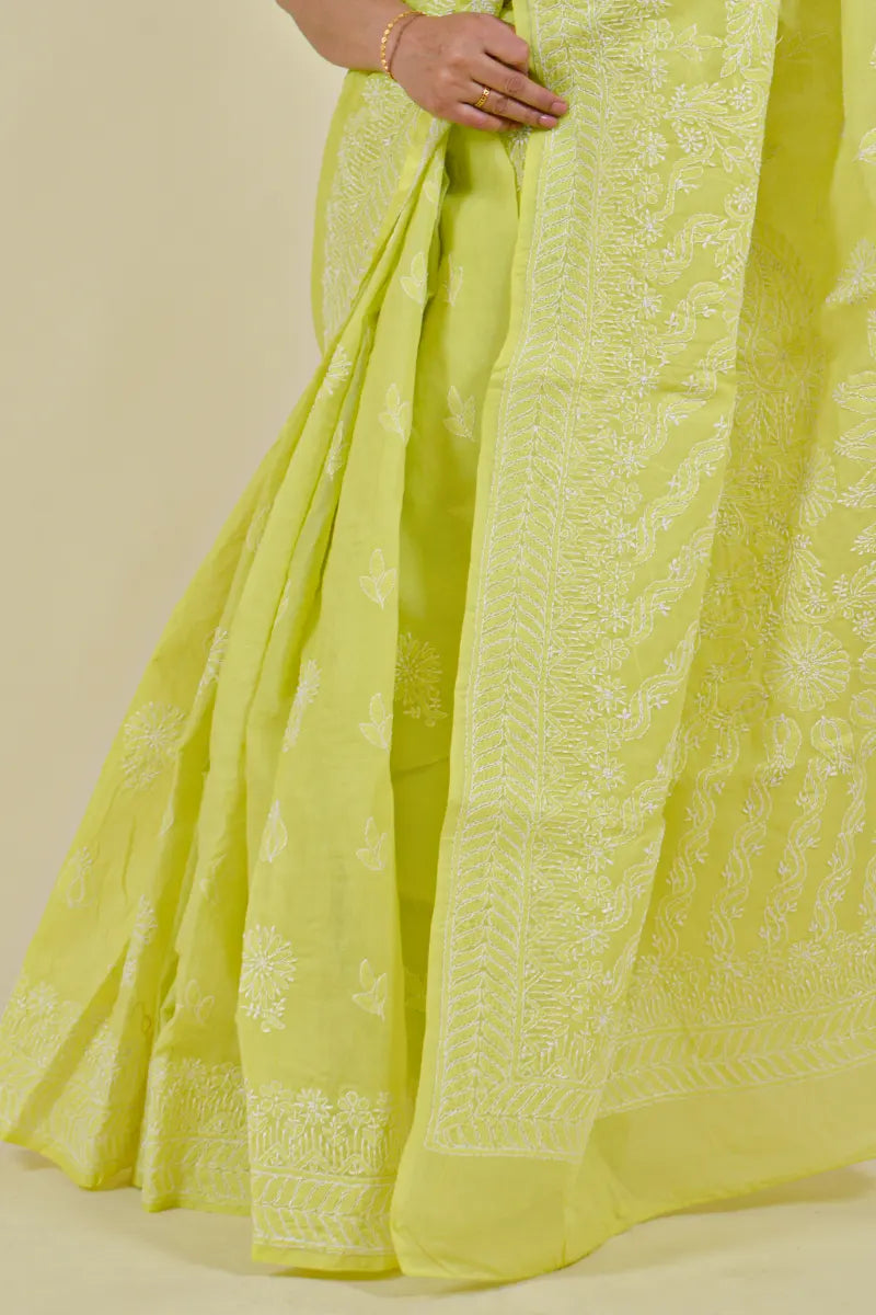 Lemon Green Colour Cotton Lucknowi Chikankari Saree With Blouse