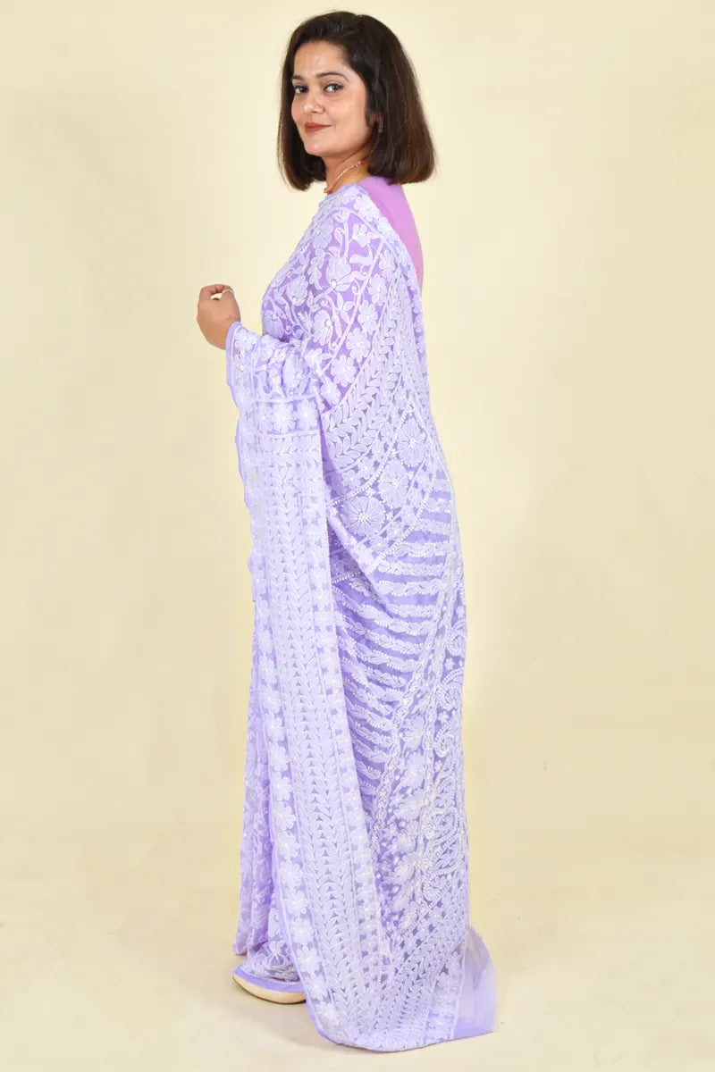 Lavender Colour Georgette Lucknowi Chikankari Saree With Blouse