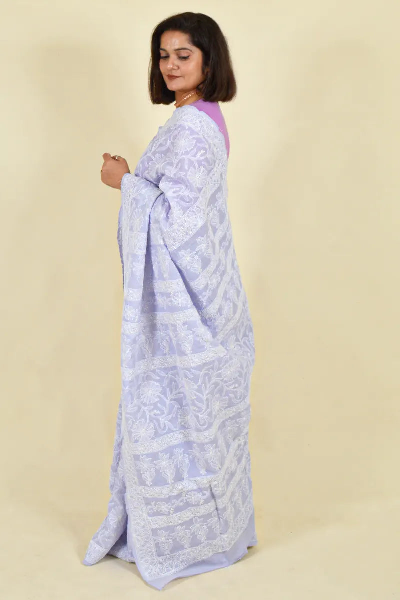 Fabnuma Handcrafted Lavender Cotton Chikankari Saree-Blouse