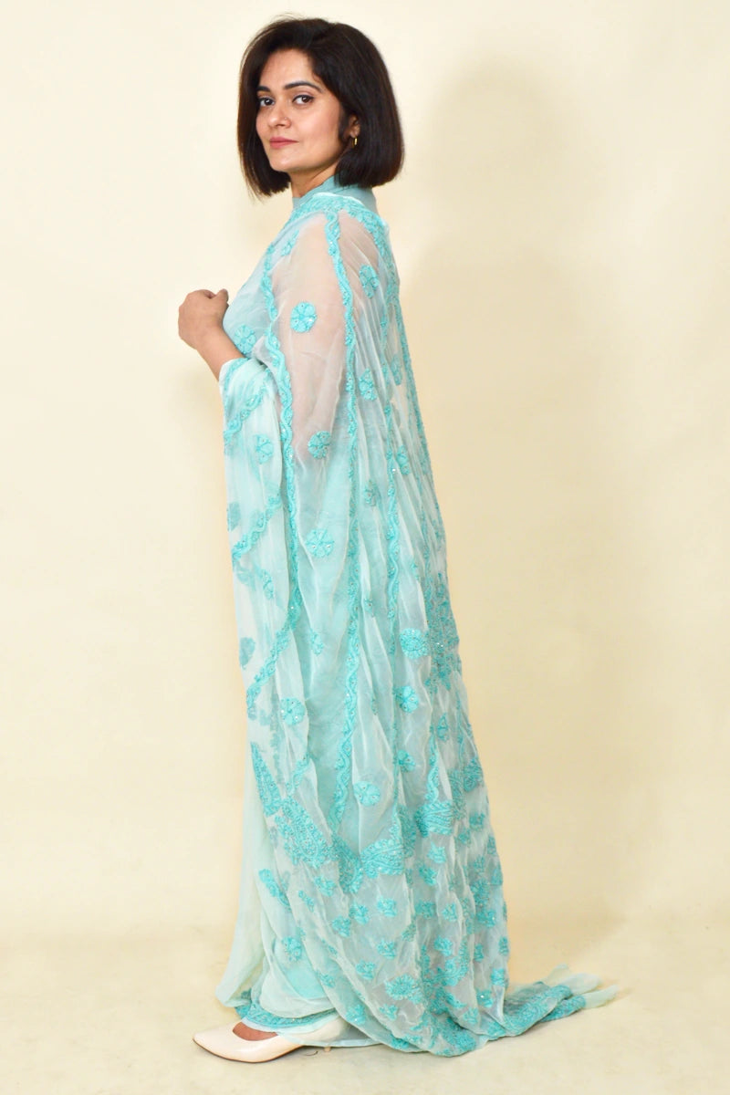 Sky Blue  Colour Georgette Lucknowi Chikankari Saree With Blouse