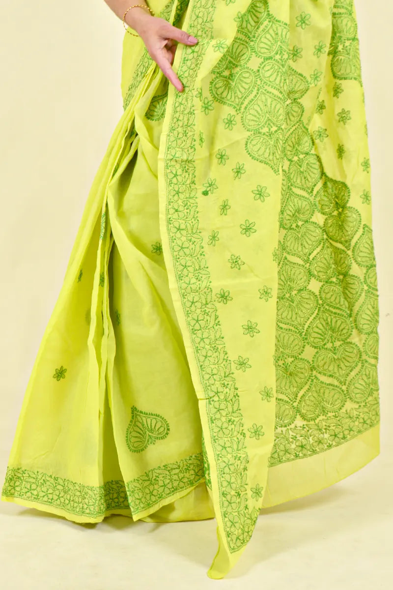 Green Colour Cotton Lucknowi Chikankari Saree With Blouse