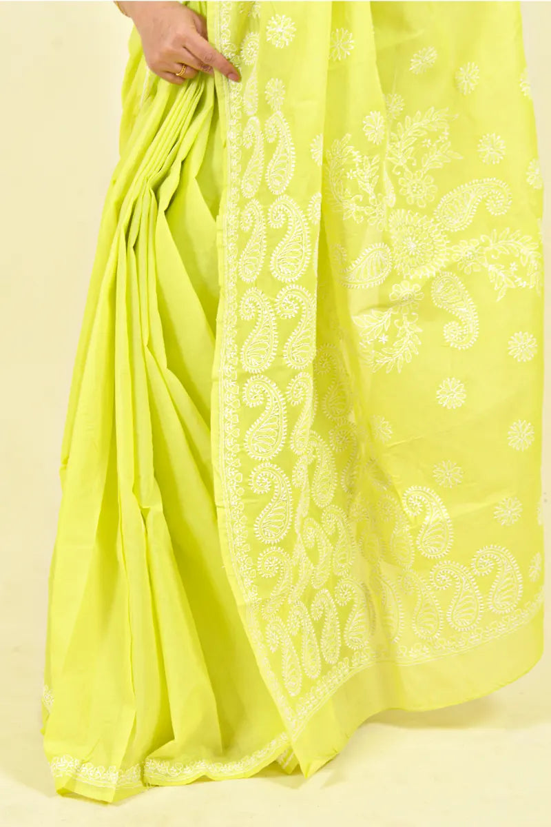 Lemon Green Colour Cotton Lucknowi Chikankari Saree With Blouse