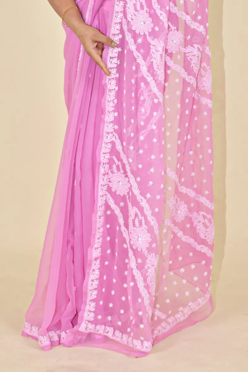 Pink Colour Georgette Lucknowi Chikankari Saree With Blouse