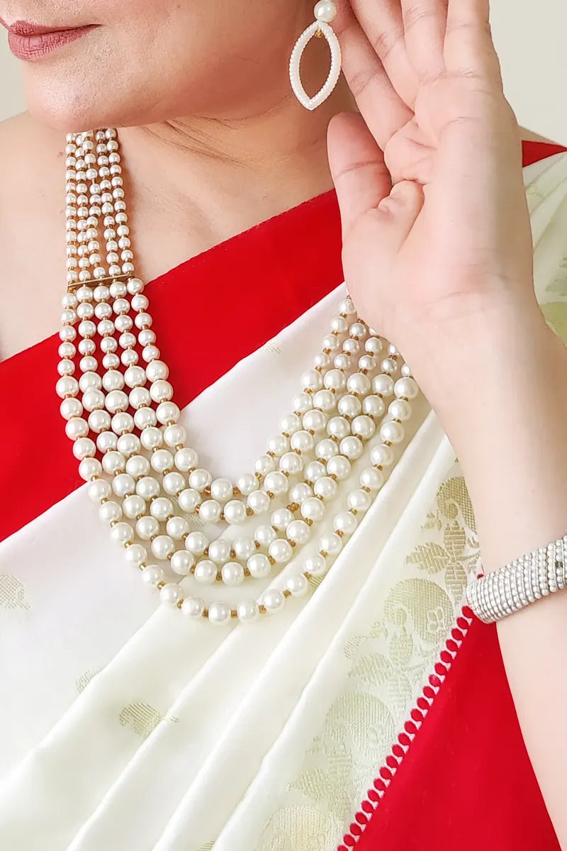 White Color  Pearl Layer Neckpiece  With Dangle Earrings