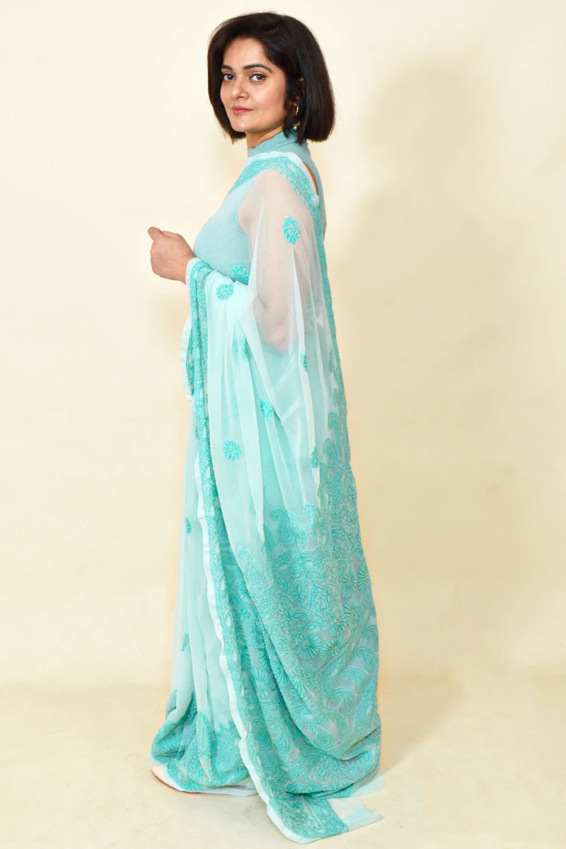 Aqua Green Colour Georgette Lucknowi Chikankari Saree With Blouse