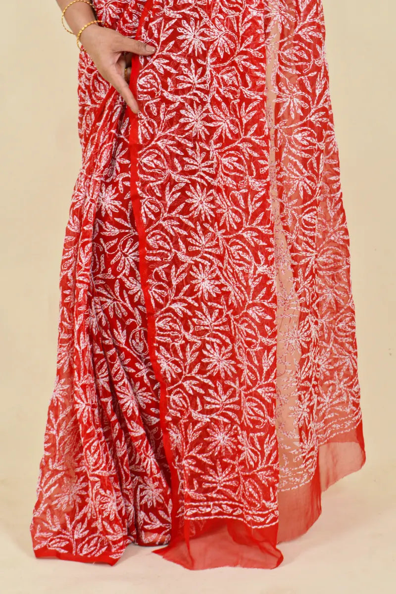 Fabnuma Handcrafted Red Georgette Chikankari Saree-Blouse