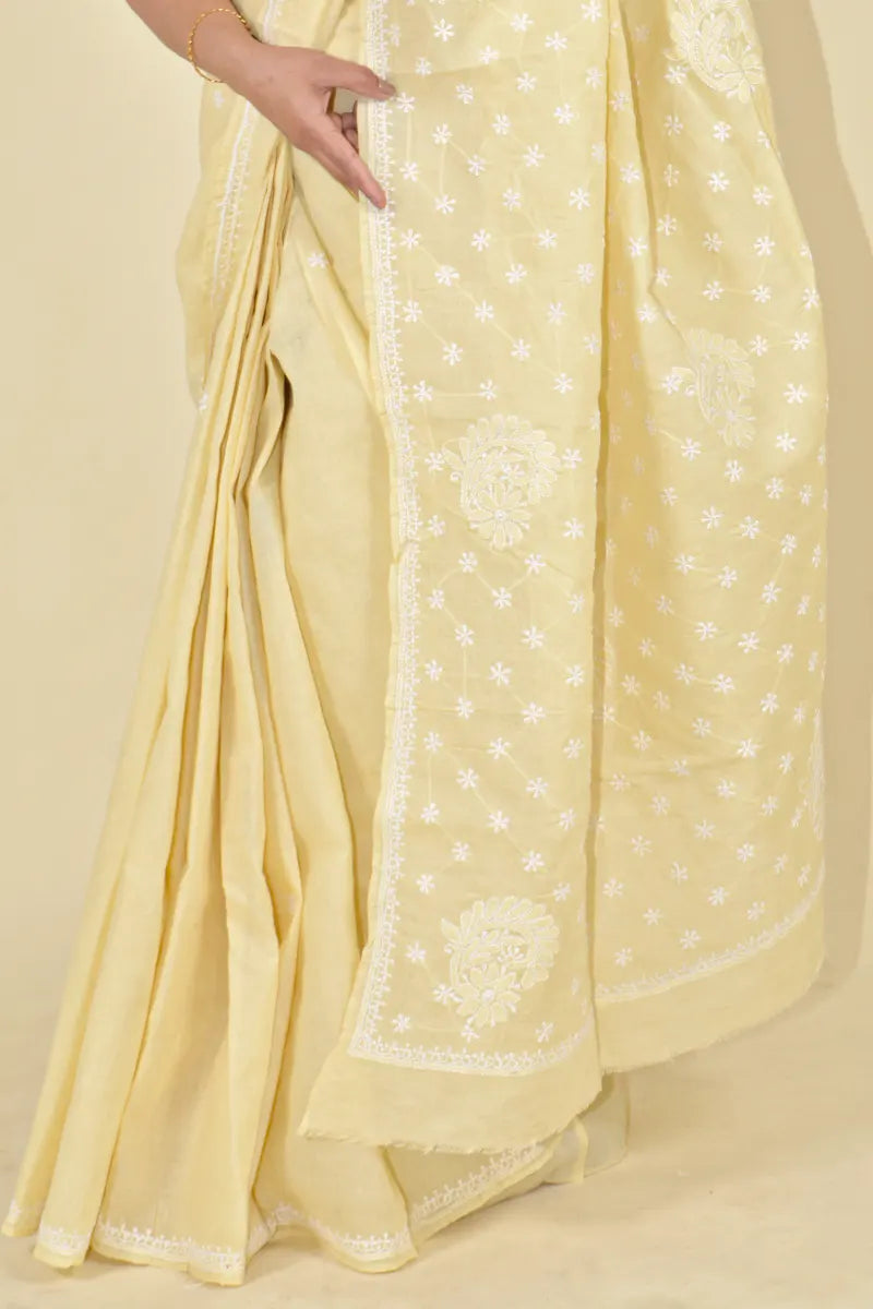 Fawn Colour Cotton  Lucknowi Chikankari Saree With Blouse