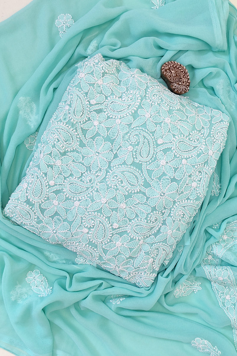 Sea Green Colour Georgette Lucknowi Chikankari 3pcs Unstiched Suit Set