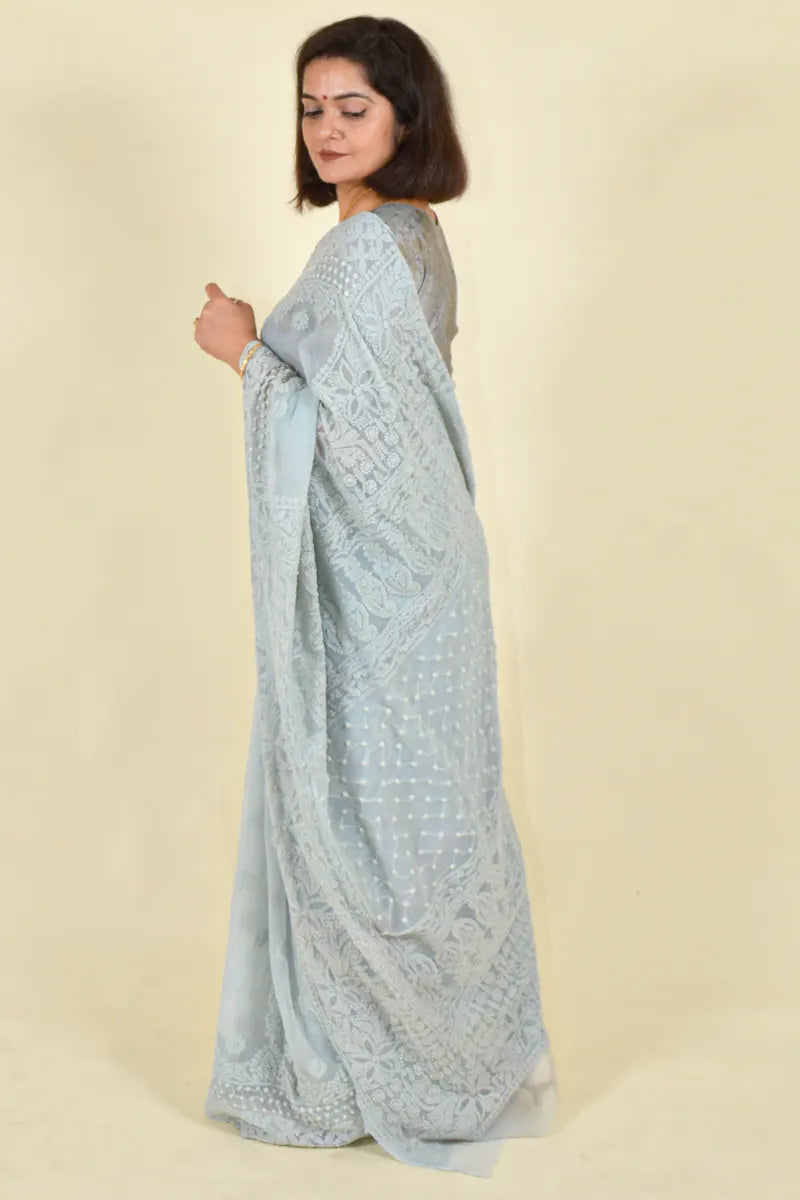 Gray Colour Georgette  Lucknowi Chikankari Saree With Blouse