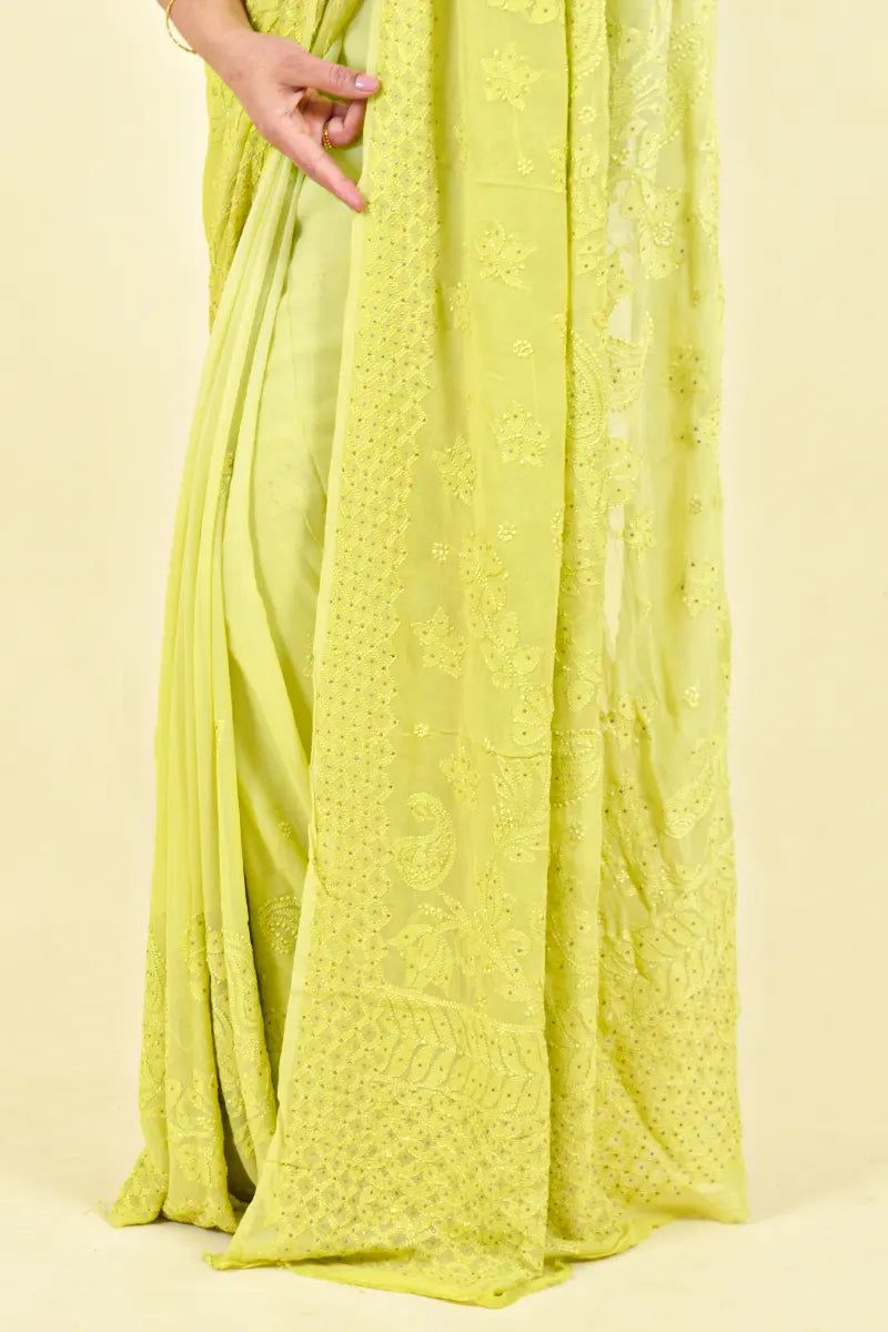 Green Colour Viscose Lucknowi Chikankari Saree With Blouse