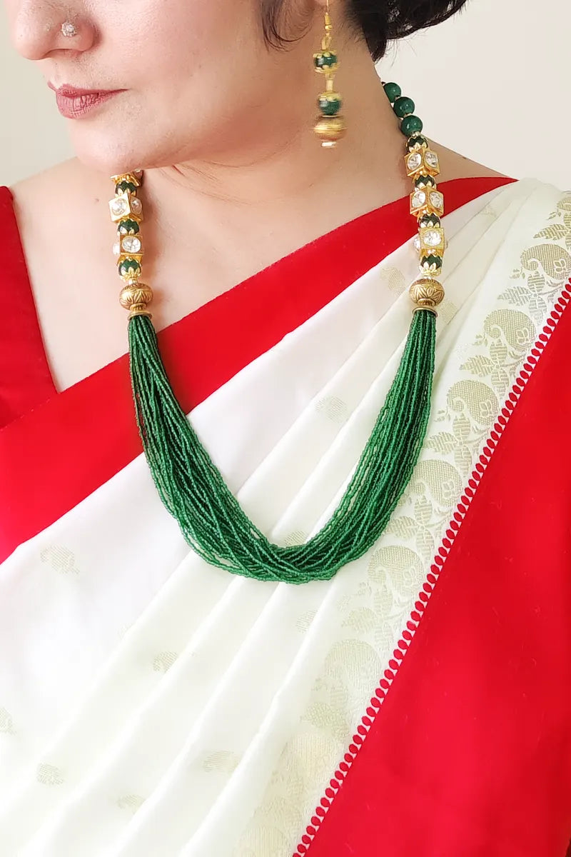 Green & Golden Beads Color  Layer Neckpiece  With Dangle Earrings