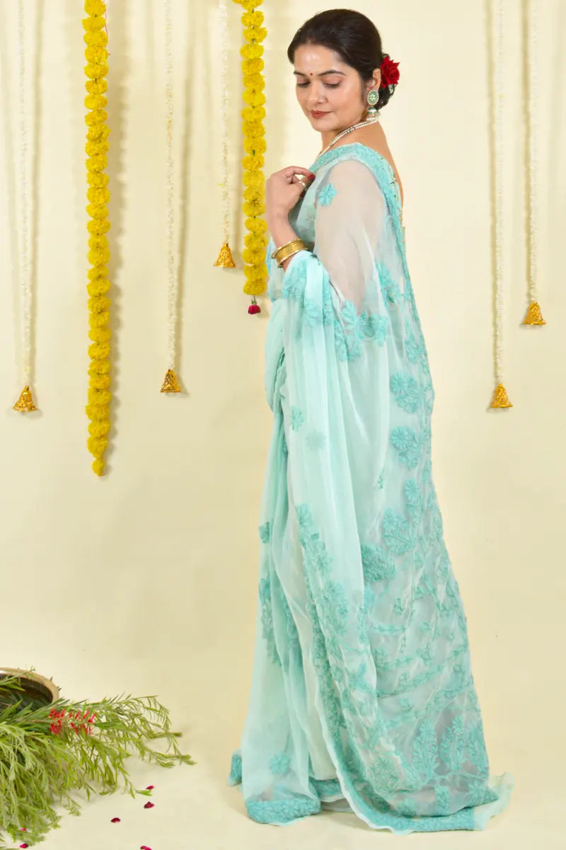 Sea Green Colour Georgette  Lucknowi Chikankari Saree With Blouse