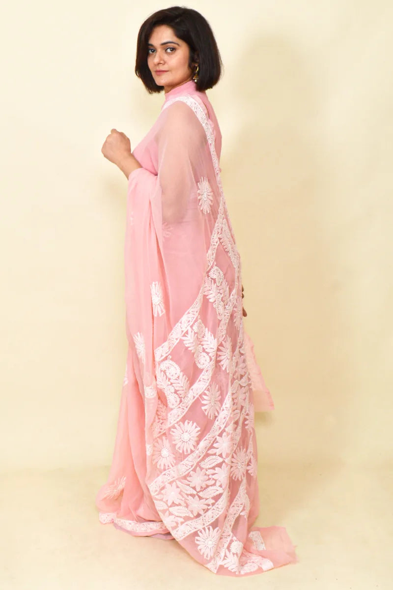 Fabnuma Handcrafted Peach Georgette Chikankari Saree-Blouse