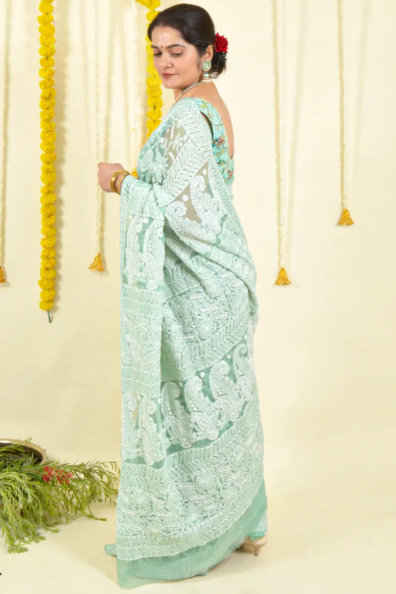 Pista Green Colour Georgette  Lucknowi Chikankari Saree With Blouse