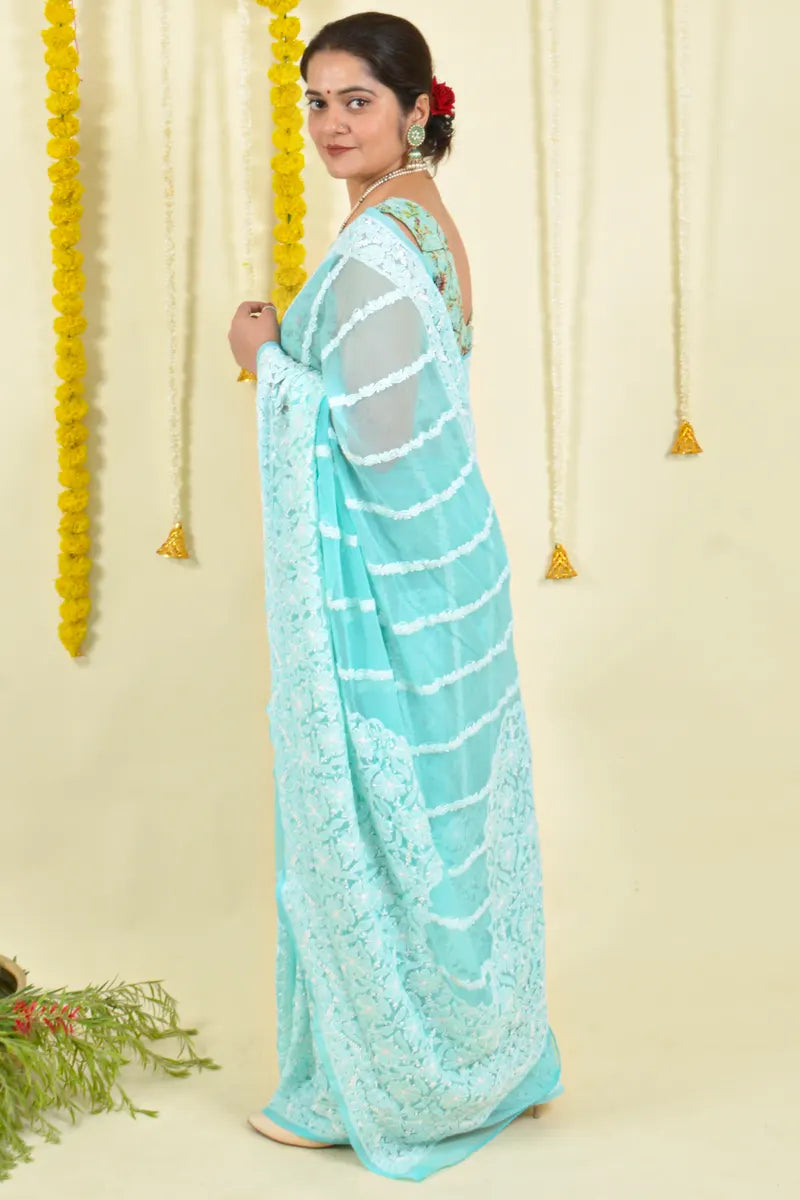 Sea Green Colour Georgette Lucknowi Chikankari  Saree With Blouse