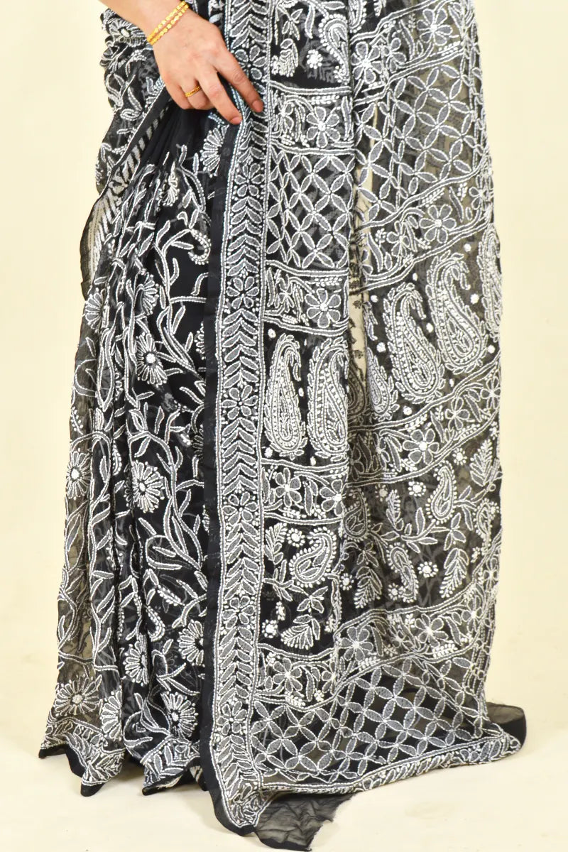 Black Colour Georgette Lucknowi Chikankari Saree With Blouse