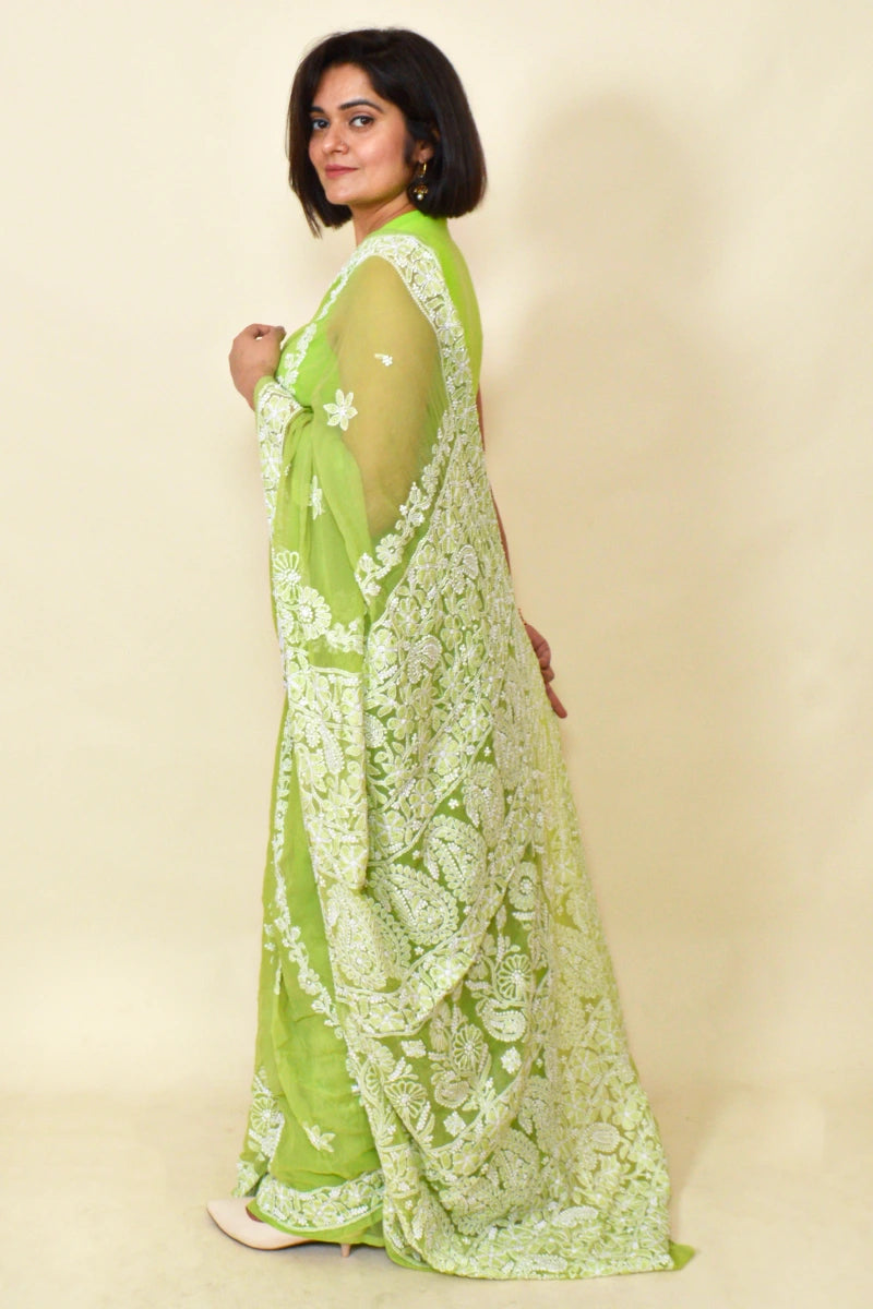 Green Colour Georgette Lucknowi Chikankari Saree With Blouse