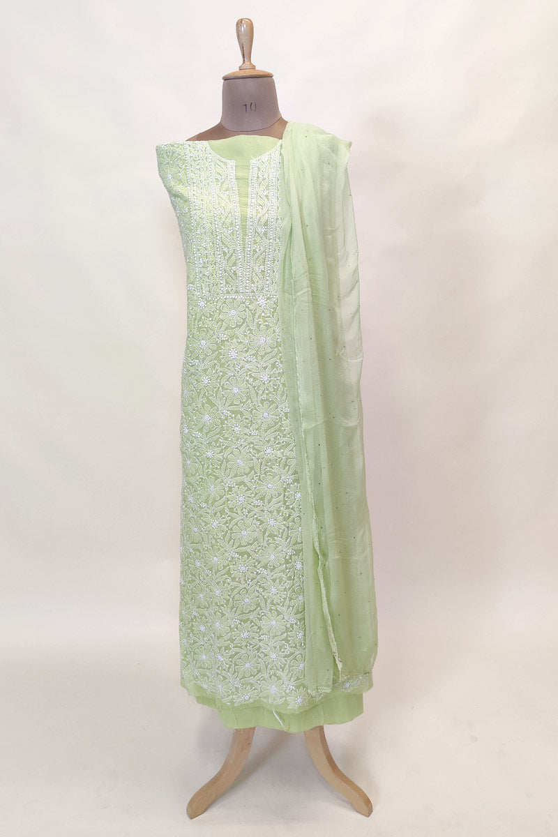 Green Colour Cotton Lucknowi Chikankari 3pcs Unstiched Suit Set