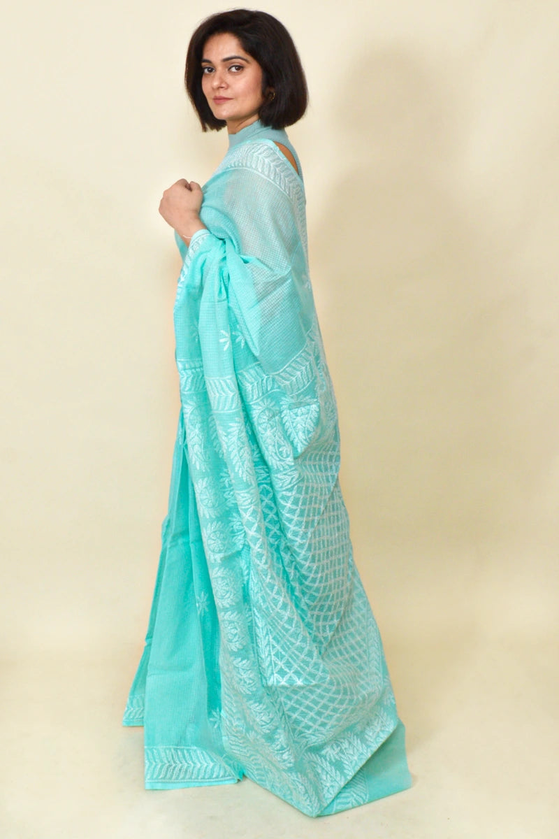 Sea Green Colour Kota Cotton Lucknowi Chikankari Saree With Blouse