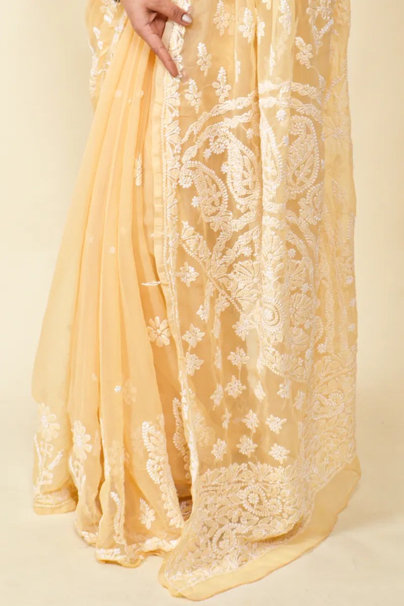 Fawn Colour Georgette Lucknowi Chikankari Saree With Blouse