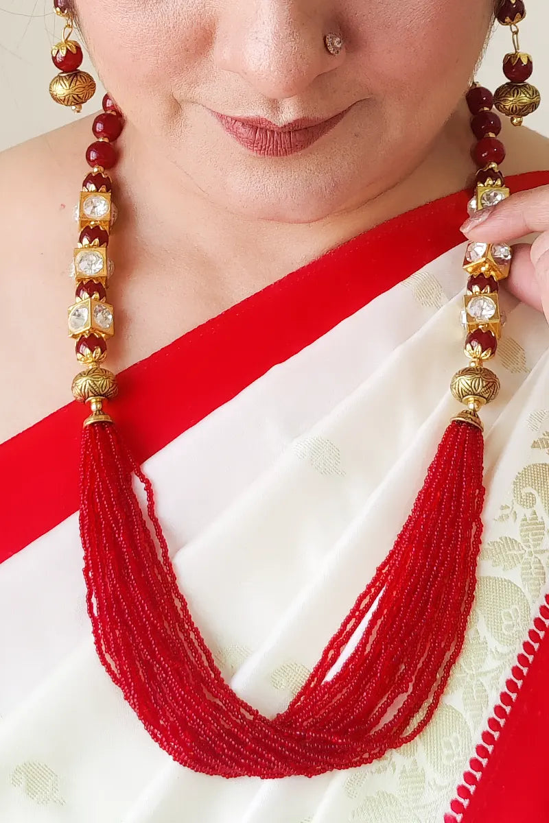 Red & Golden Beads Color  Layer Neckpiece  With Dangle Earrings