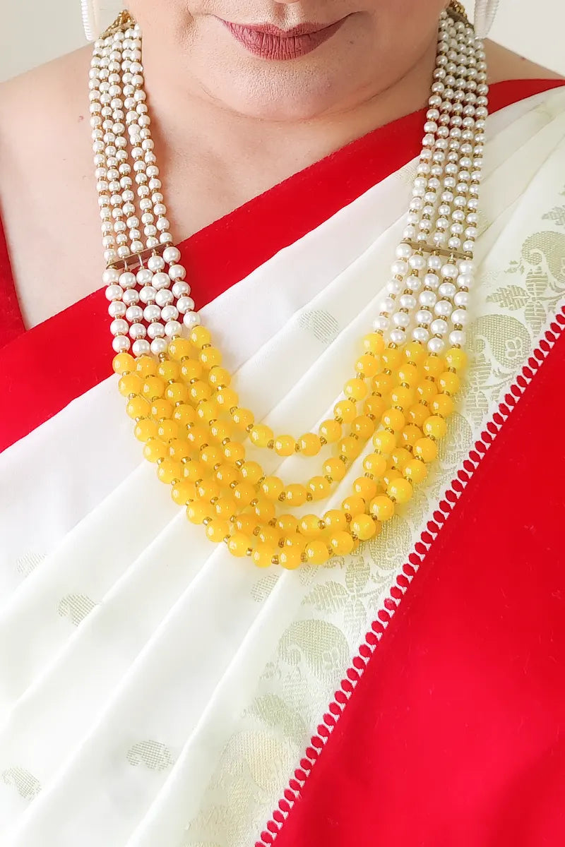 Yellow & White Color  Layer Necklace  With Dangle Earrings