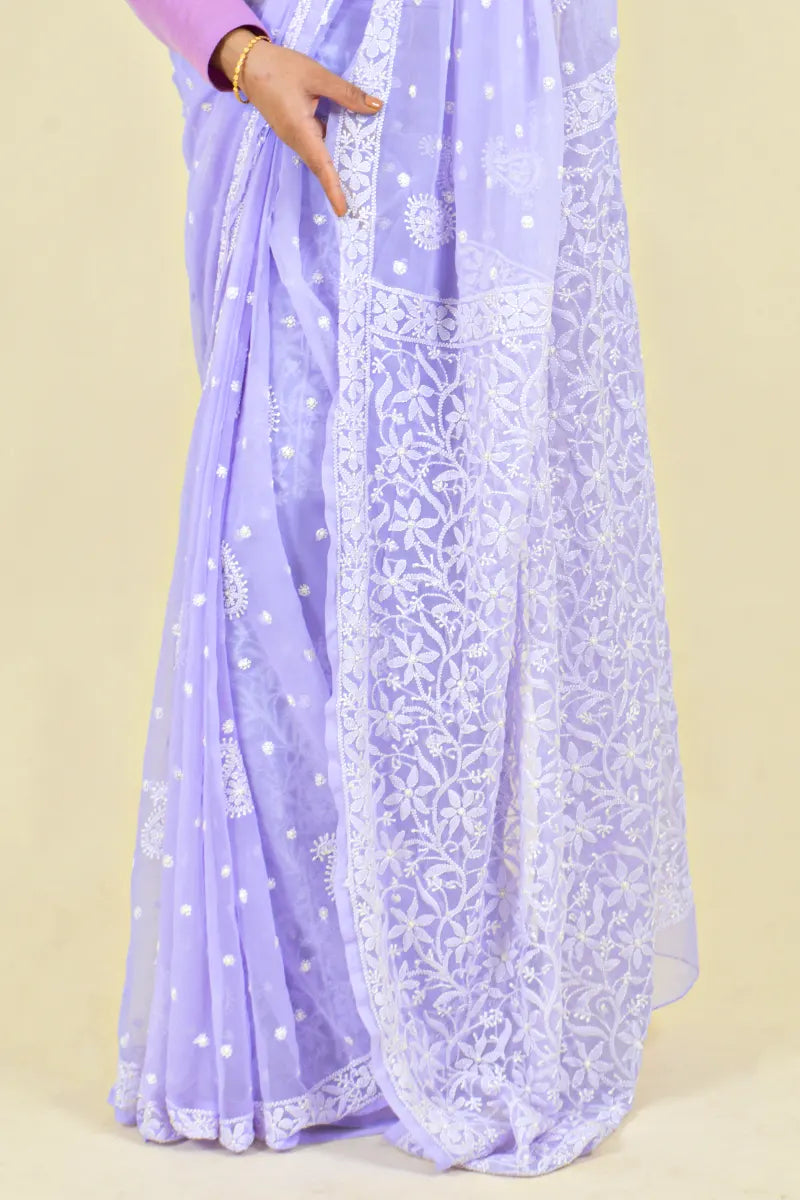 Lavender Colour Georgette Lucknowi Chikankari Saree With Blouse