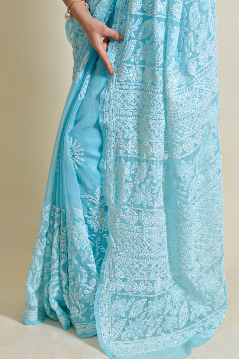 Sky Blue Colour Georgette Lucknowi Chikankari Saree With Blouse