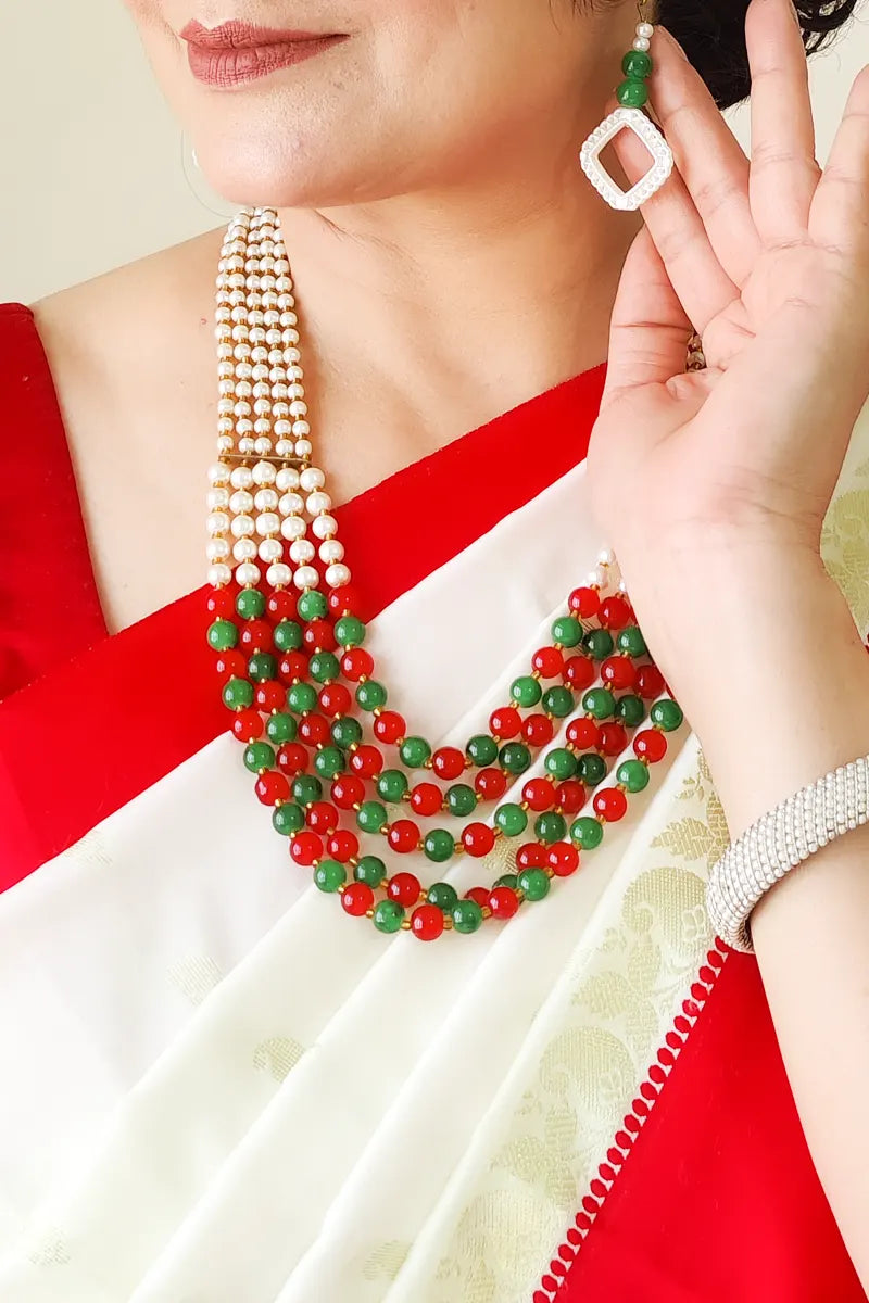 White & Red Green Color Pearl Layer Neckpiece With Dangle Earrings