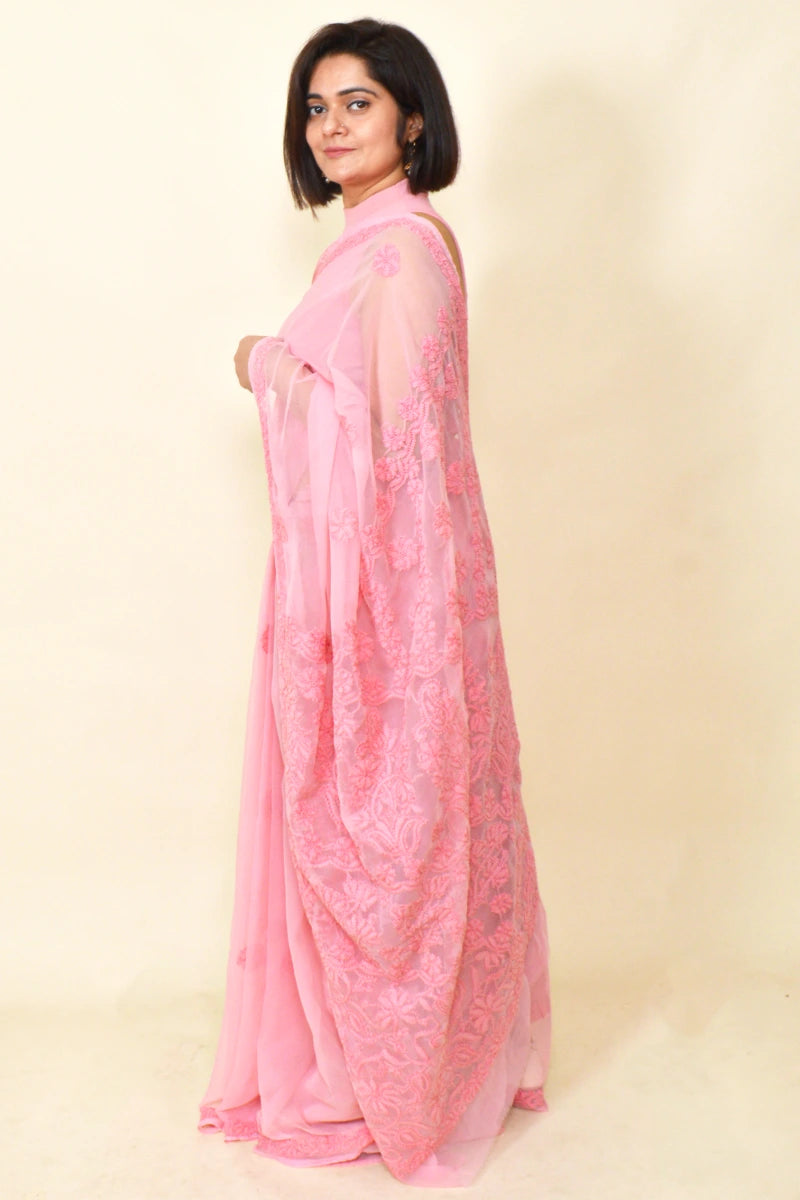 Peach Colour Georgette Lucknowi Chikankari Saree With Blouse