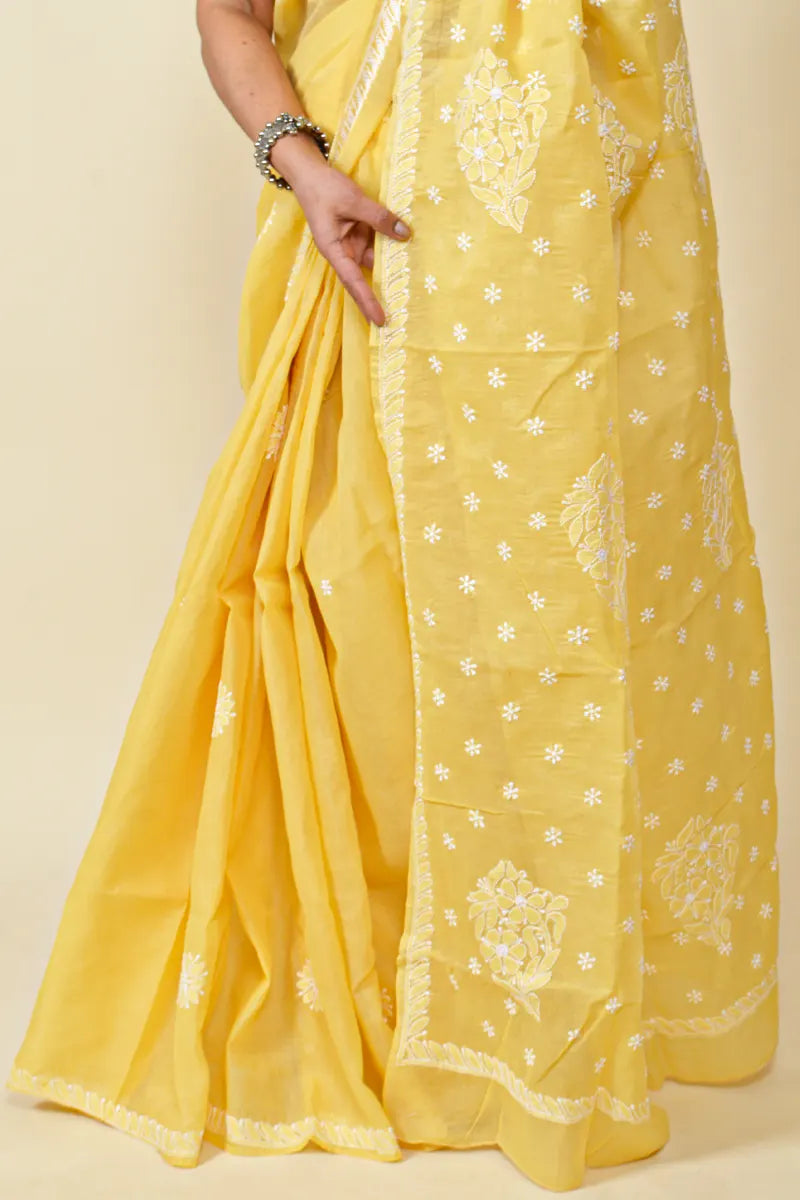 Fabnuma Handcrafted Yellow Cotton Chikankari Saree-Blouse