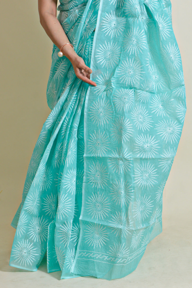 Sea Green Colour Kota Cotton Lucknowi Chikankari Saree With Blouse